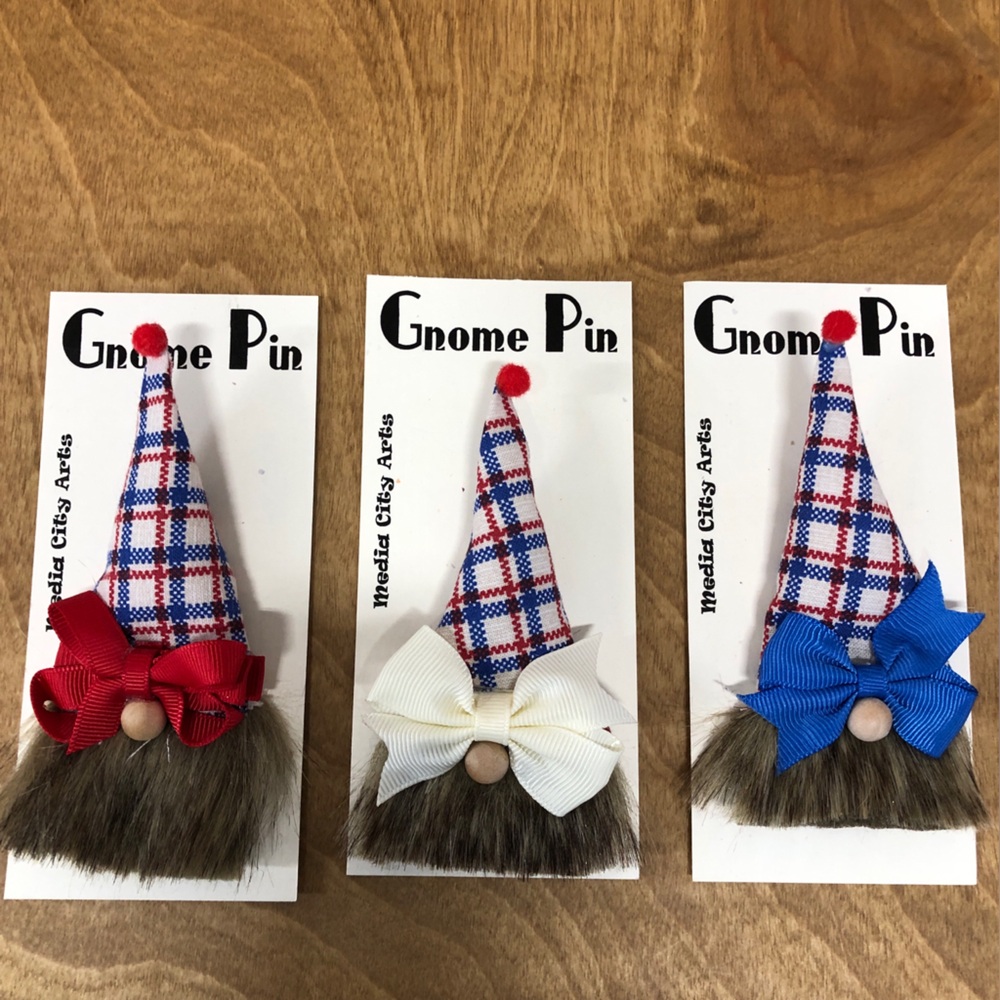 Red White Blue Gnome Pin Brooch Handmade Bow Gift Guide 4th of July USA Plaid